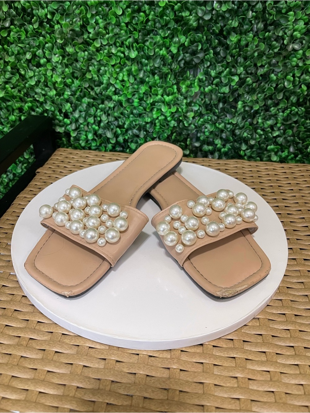 Pearl-Embellished Beige Slide Sandals for Women